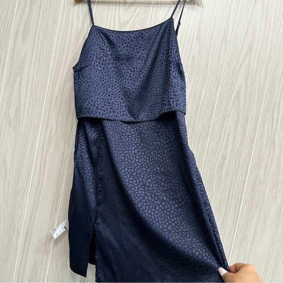 Sophie Rue Ella Navy Blue Satin Leopard Print Mini Slip Dress Lightweight - Picture 8 of 9